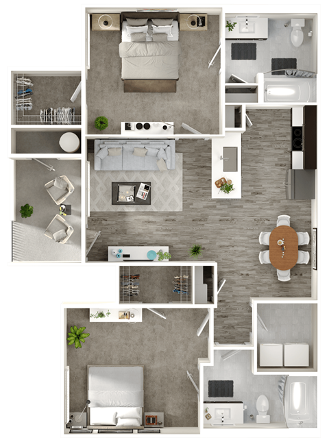 A floor plan of a house with a living room, kitchen, and two bedrooms.
